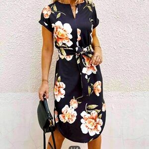 Notched neck black floral print dress with belt